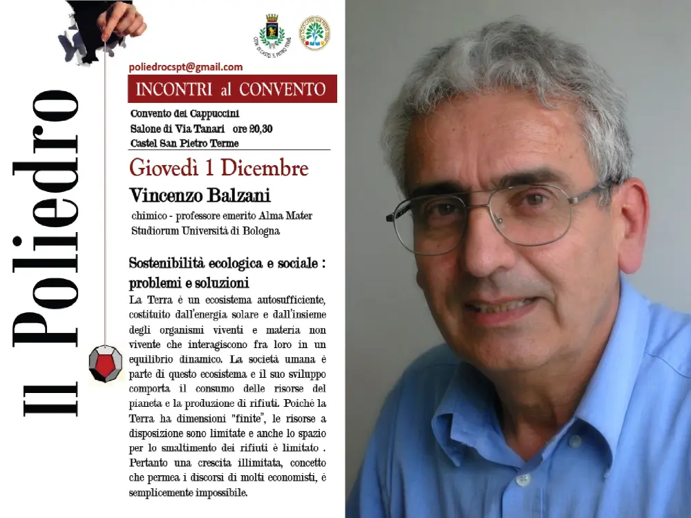 Al Convento dei Cappuccini giovedì 1 “Sostenibilità ecologica e sociale” con Vincenzo Balzani
