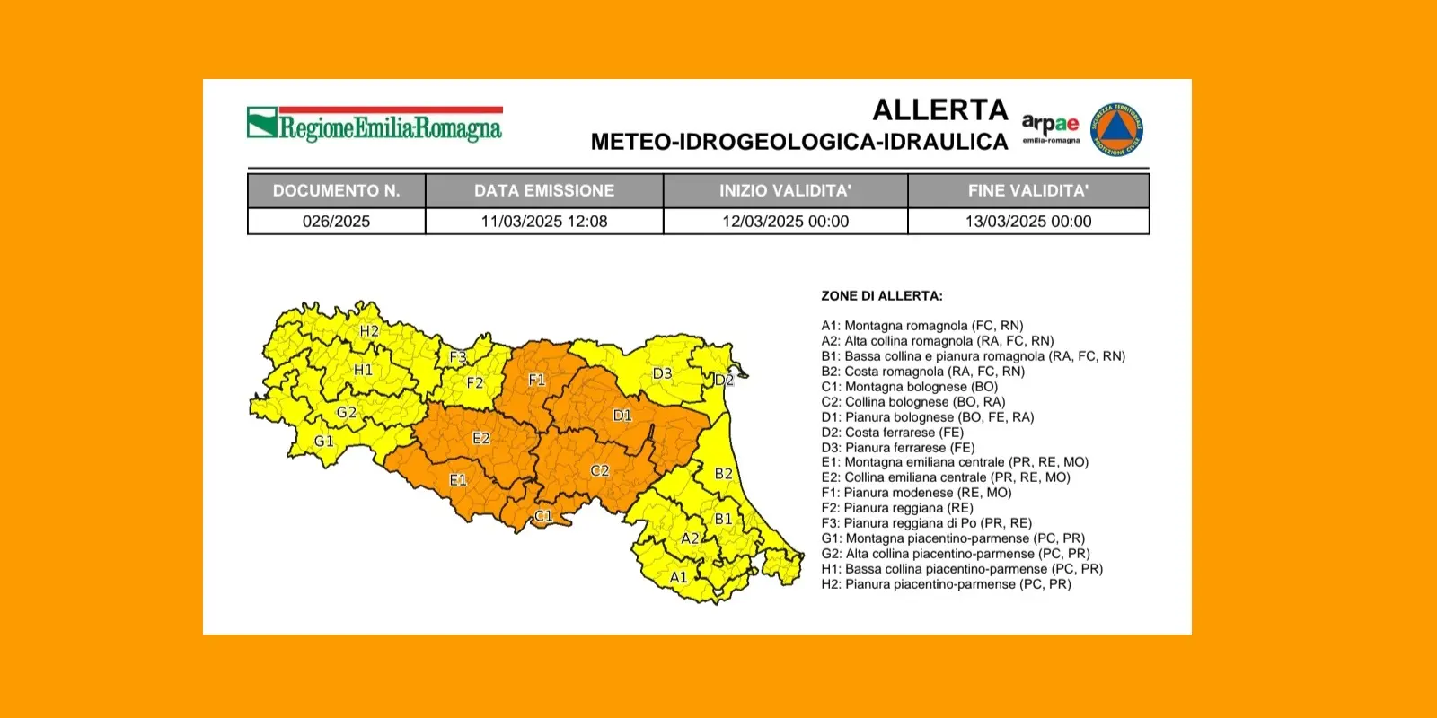 Protezione Civile Regionale: mercoledì 12 marzo Allerta Meteo 